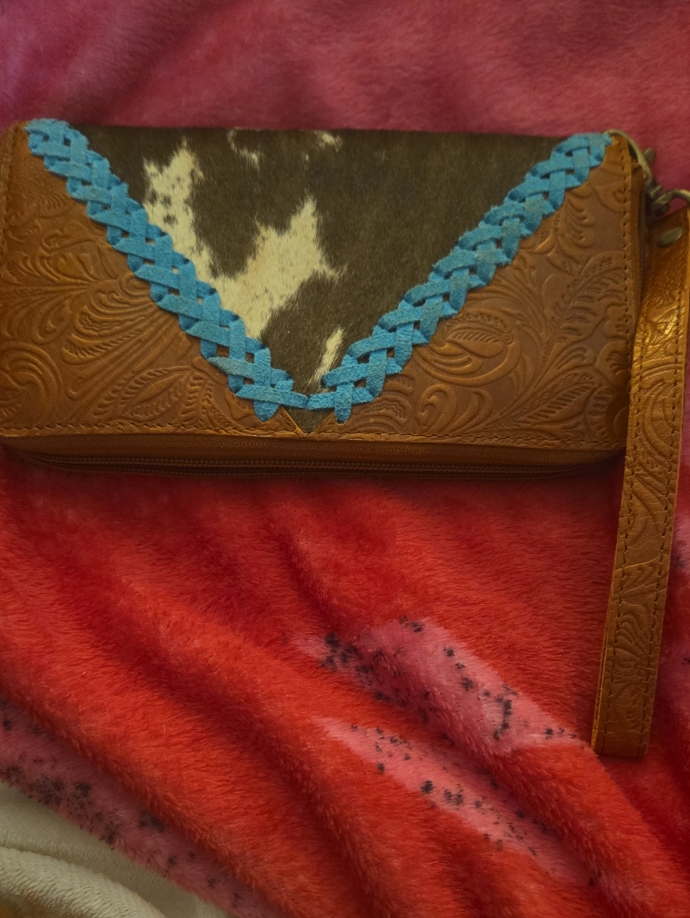 Western Woven  Cowhide & Embossed Genuine Leather Wristlet W/ Turquoise Stitch